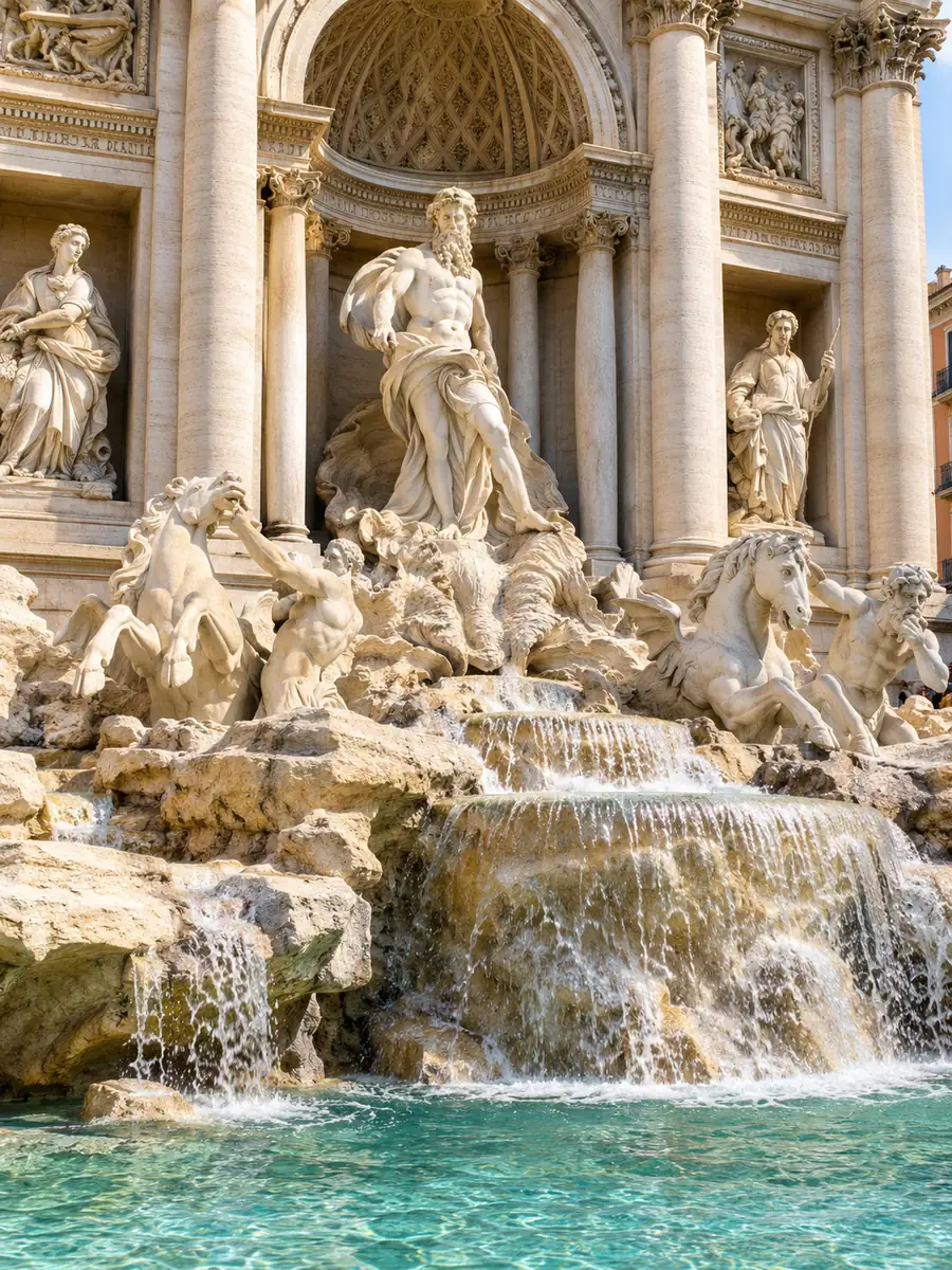 Die Statue des Oceanus in seiner Nische über dem kaskadierenden Wasser und dem türkisfarbenen Becken des Trevi-Brunnens