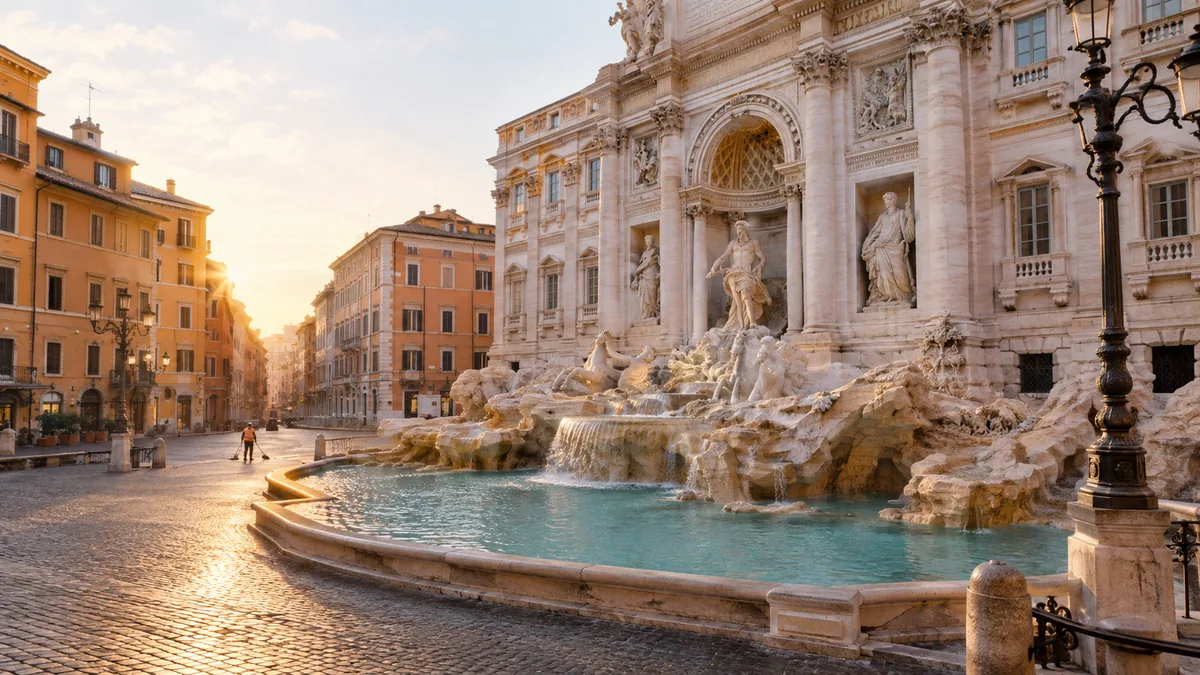 Der Trevi-Brunnen im sanften Morgenlicht mit einem fast leeren Platz